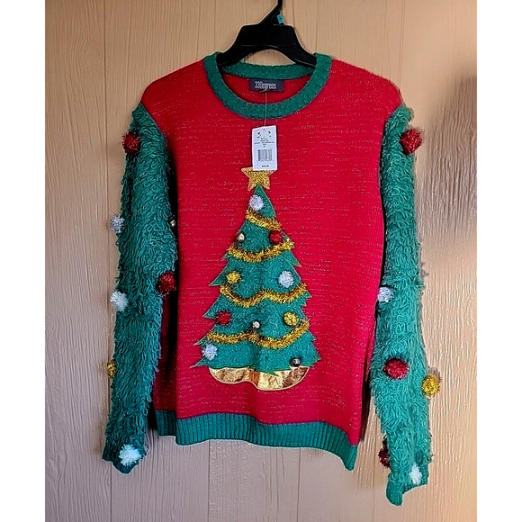 Kohl's Ugly Christmas Sweater 33 Degrees sz S Red & Green Bells Pom Poms - Picture 1 of 9